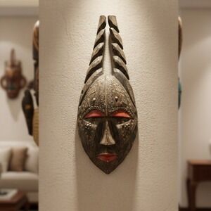 Hand Carved African Sese Wood Mask Large Horned Embossed Metal Inlay Ghana